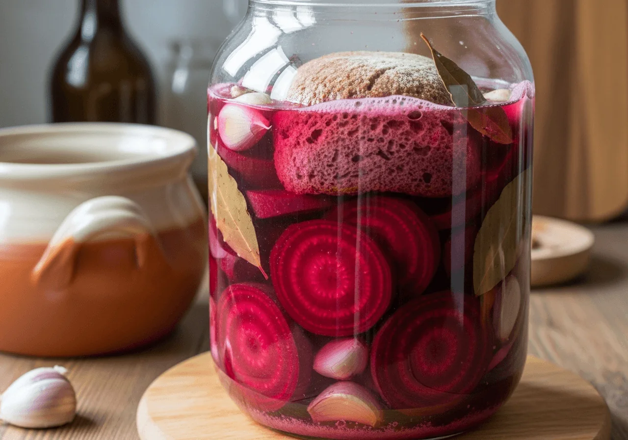 Close-up of a large glass jar filled with raw sliced beet rounds submerged in cloudy pinkish brine, garlic cloves and bay leaves visible through the glass, the liquid gradually turning deep ruby as fermentation progresses — the traditional Polish lacto-fermentation step for barszcz czerwony, distinct from simply boiling beets — the jar unsealed at the top, a rye bread crust floating near the surface acting as a fermentation starter, rich burgundy color bleeding into the liquid