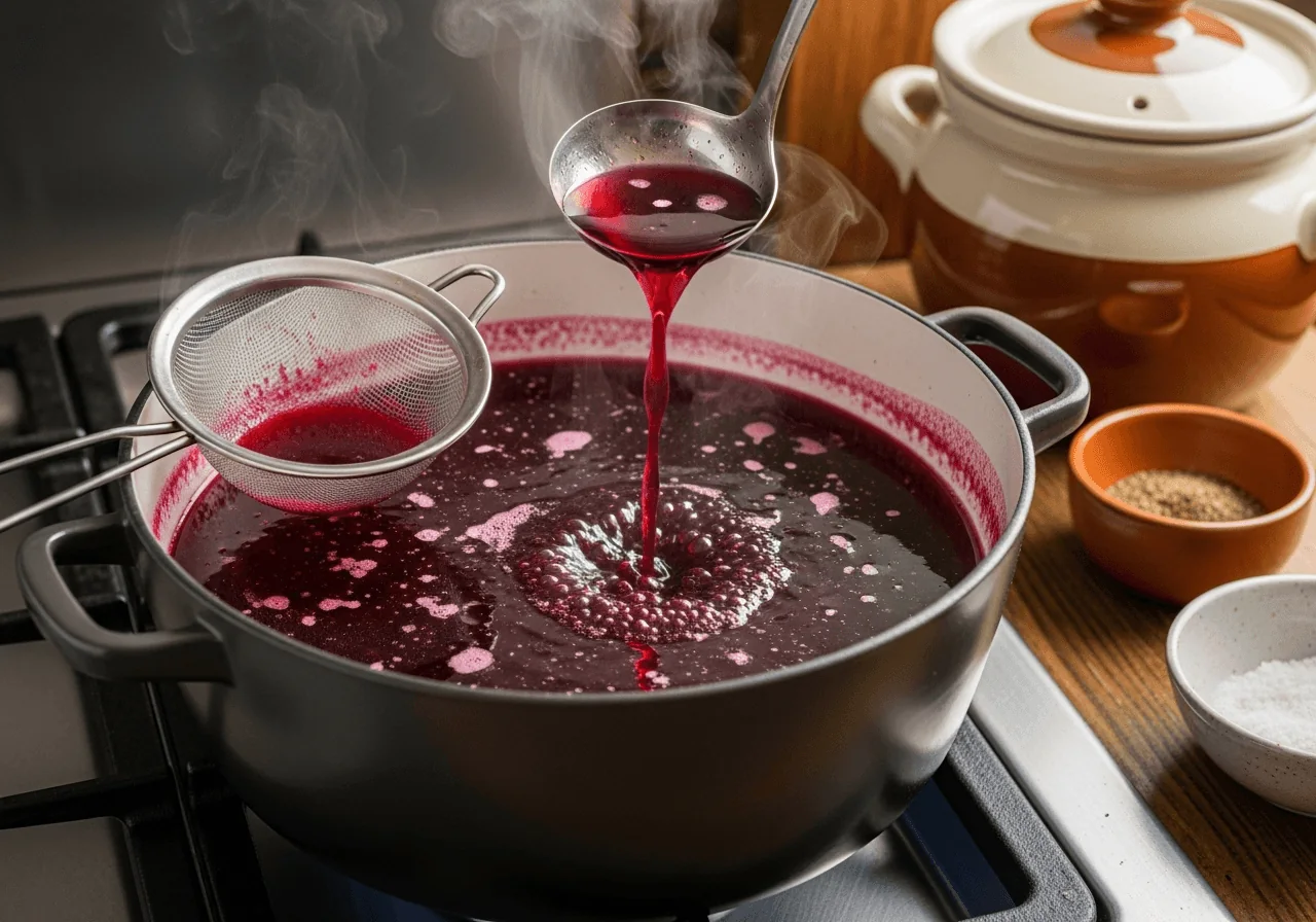A wide heavy-bottomed pot on a stovetop with deep garnet-red strained beet broth gently simmering, the liquid crystal-clear and intensely colored like dark red glass, a fine-mesh strainer resting nearby stained crimson, a ladle mid-pour showing the broth's translucent ruby quality, small wisps of steam rising, emphasizing the final clarifying and seasoning stage of traditional Polish barszcz czerwony