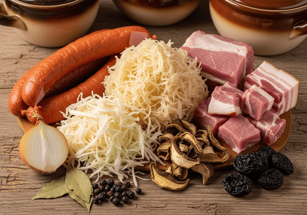 Raw ingredients for traditional Polish bigos on a wooden table