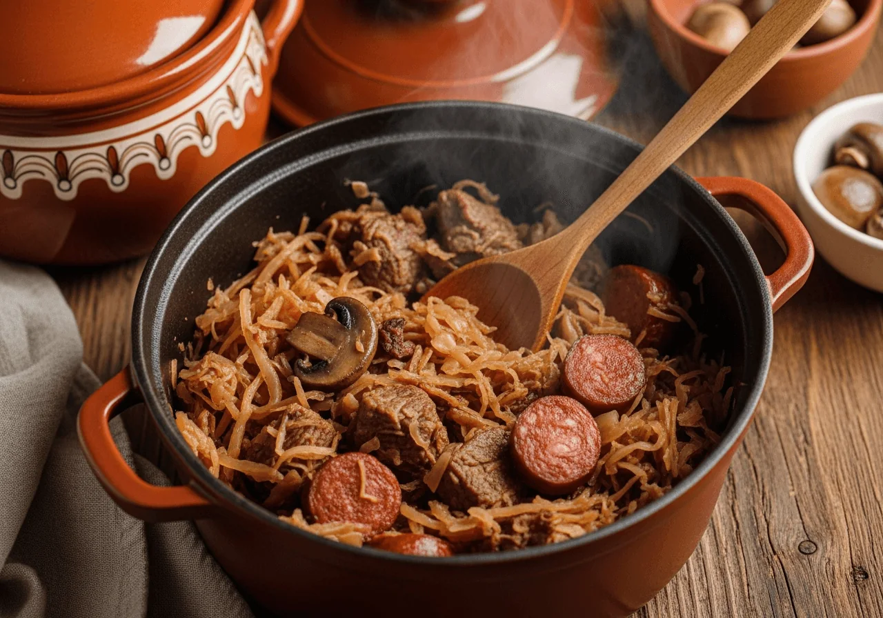 Traditional Polish bigos simmering in a cast iron pot