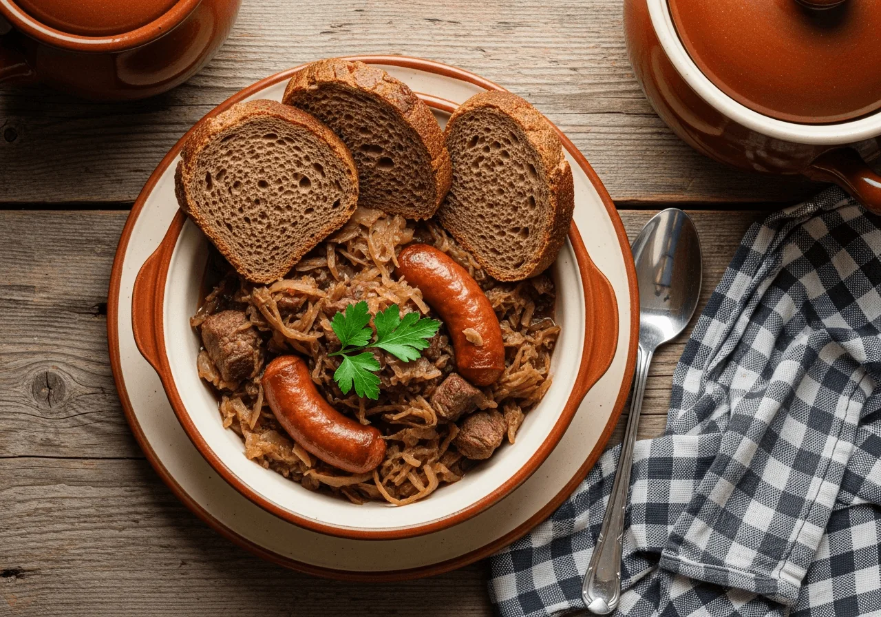 Bowl of traditional Polish bigos served with dark rye bread