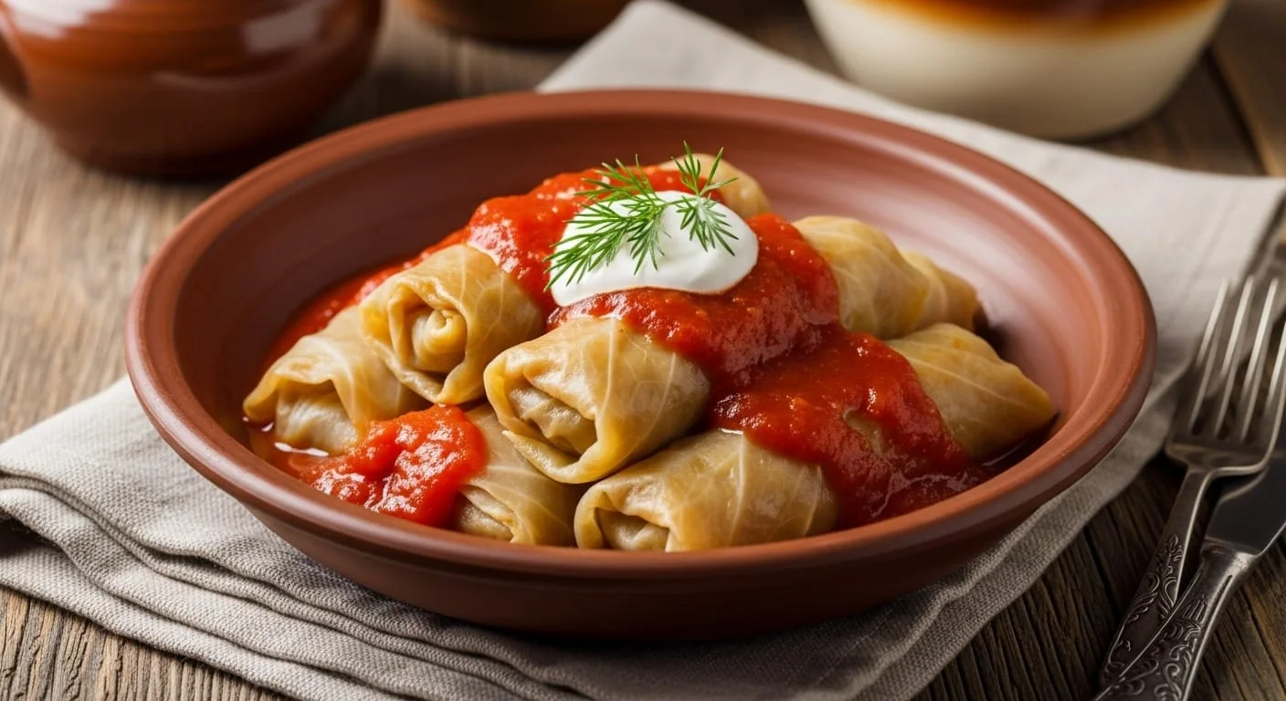 Whole stuffed cabbage rolls served in a rustic ceramic bowl with tomato sauce and sour cream