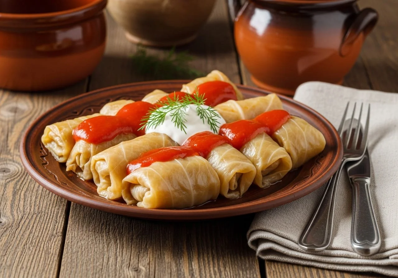 Whole stuffed cabbage rolls plated with tomato sauce, sour cream and fresh dill