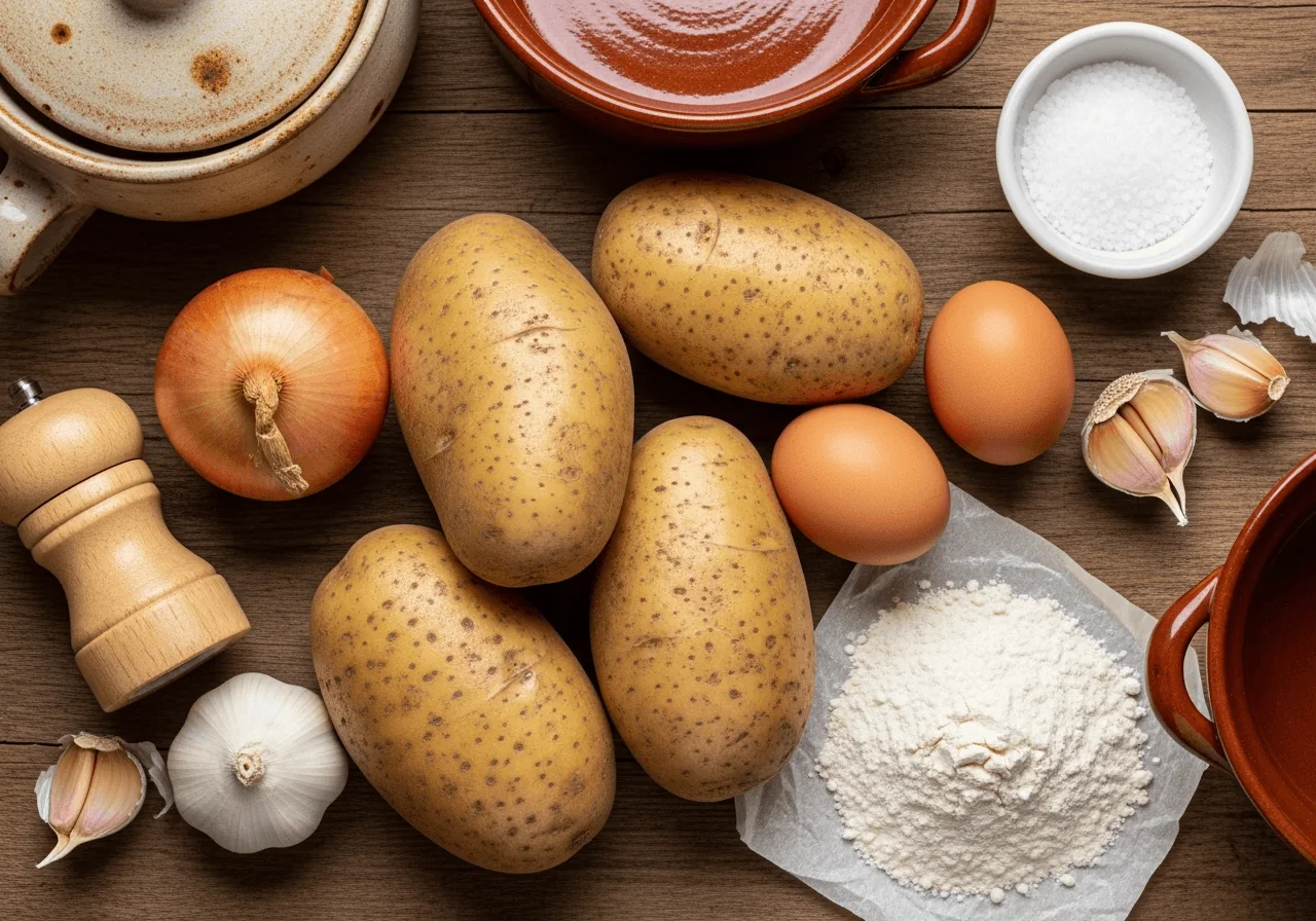 Flat-lay of raw ingredients for placki ziemniaczane arranged in a loose cluster: three or four large starchy Russet potatoes with rough brown skin, one peeled yellow onion, two whole brown eggs, a small ceramic bowl of fine white salt, a wooden pepper grinder, two garlic cloves with papery skin, a tiny mound of all-purpose flour dusted onto parchment, the potatoes dominating the composition as the primary ingredient.