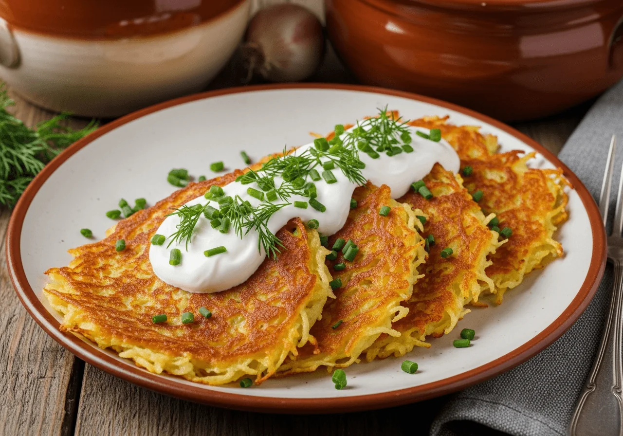 A finished plate of Polish placki ziemniaczane served in the traditional way — three or four golden-brown shredded-potato pancakes fanned slightly overlapping, each with visibly crispy lacy edges and a matte rough surface of fried potato strands, topped with a generous spoonful of thick white sour cream and a bright confetti of finely chopped fresh dill and chives scattered across both the pancakes and the cream.