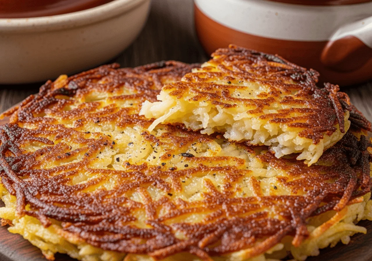 Extreme close-up of a single placek ziemniaczany — a fried potato pancake, not a dumpling, not a fritter cake — filling the frame, showing the intricate network of individual grated potato shreds fused and crisped into a deeply golden-brown crust with darker charred edges, a torn edge revealing the soft, slightly translucent creamy interior beneath the crunchy exterior, with droplets of oil caught in the texture and a few flecks of black pepper visible on the surface.