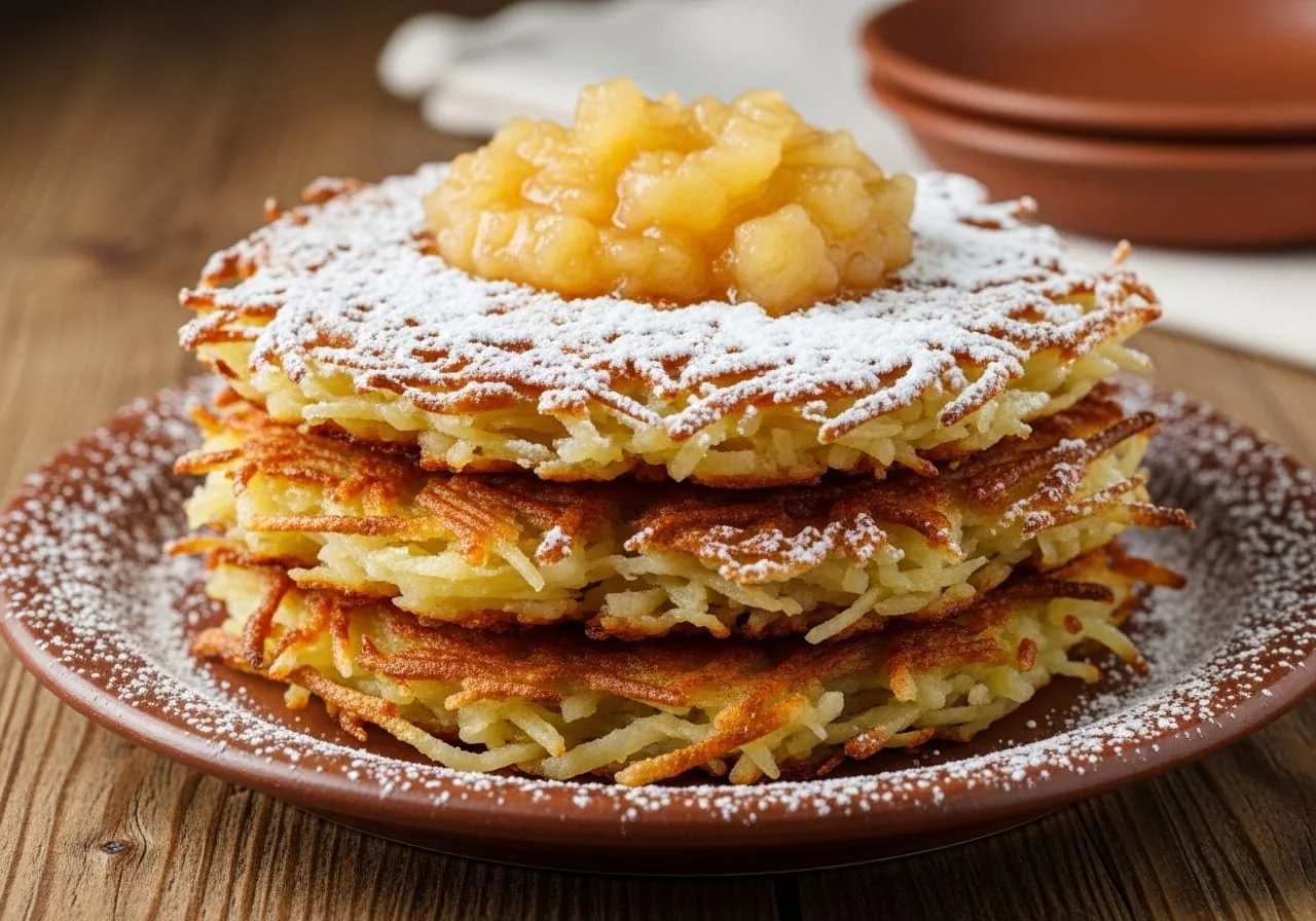 Polish potato pancakes served the sweet way, dusted with powdered sugar and topped with a spoonful of applesauce