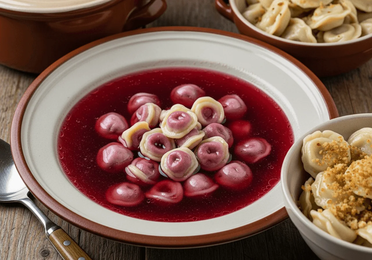 A wide shallow soup bowl filled with clear deep-crimson Polish barszcz holding a cluster of plump boiled uszka floating near the surface, their pale dough flushed slightly pink from the broth, alongside a second small bowl where uszka are tossed in golden browned butter with scattered toasted fine breadcrumbs coating their glistening skins — two classic serving styles shown together, the ring-shaped dumplings clearly small and ear-folded, not large pierogi, not pasta.