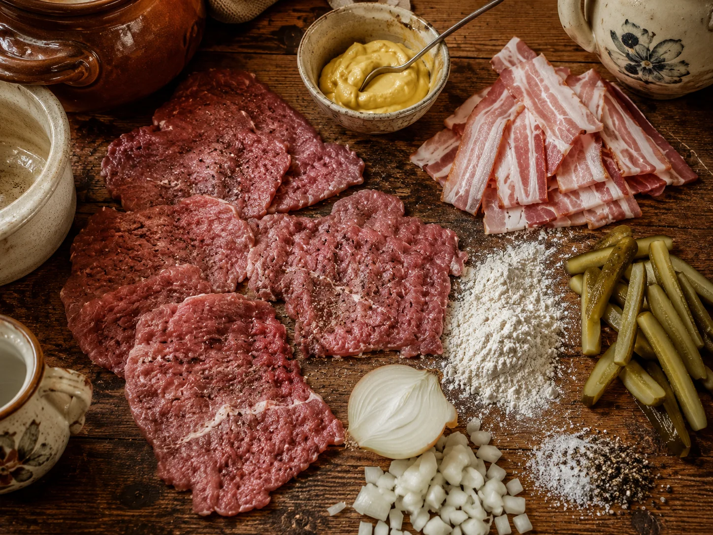 An overhead scatter of raw ingredients for zrazy wołowe: several large flat pounded beef slices spread loosely across the surface, a small bowl of yellow Polish mustard with a spoon resting in it, a loose pile of thin smoked bacon strips, a cluster of dill pickle spears cut into matchsticks, a small mound of flour dusted freely, a halved onion with some finely chopped pieces scattered nearby, and a pinch of coarse black pepper and salt crystals, all arranged organically as if mid-prep.
