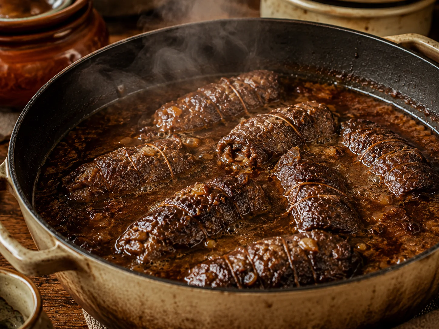 A close-up on a wide heavy-bottomed braising pot mid-cook, several rolled and tied beef zrazy roulades — compact dark-brown cylinders seared on the outside — submerged to their midline in a rich, deep-brown onion braising liquid with wisps of gentle steam rising from the surface, the liquid slightly thickened and bubbling faintly at the edges, small flecks of onion and fat visible throughout.
