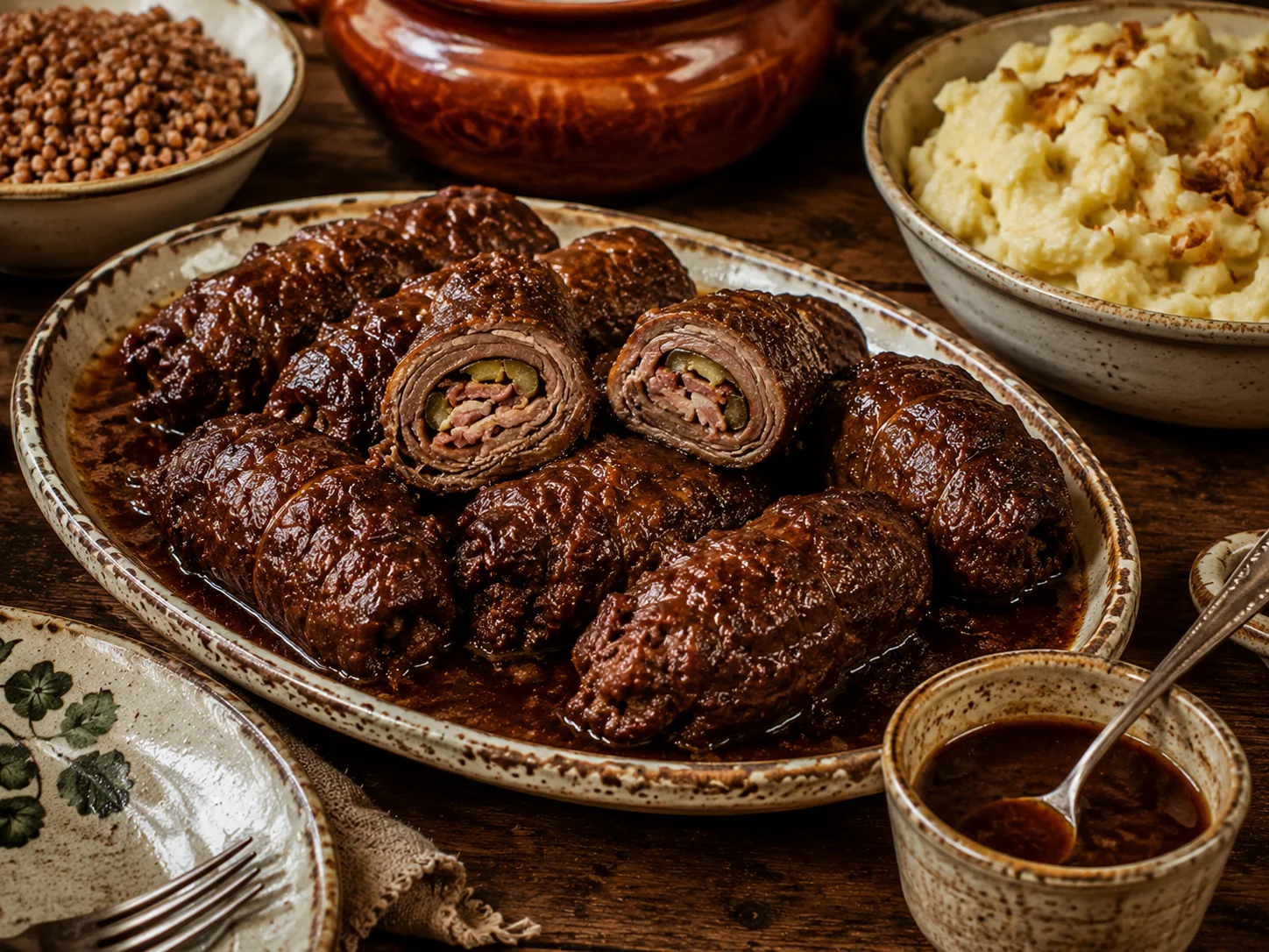 A family-style spread centered on a large oval serving dish heaped with zrazy wołowe — braised beef roulades, deep mahogany in color with lacquered sauce, some left whole and one sliced open to show the spiral of bacon and pickle — surrounded by a small bowl of extra braising gravy and a side dish of buckwheat or mashed potato, everything arranged on the table as if set for a shared meal with no one present.
