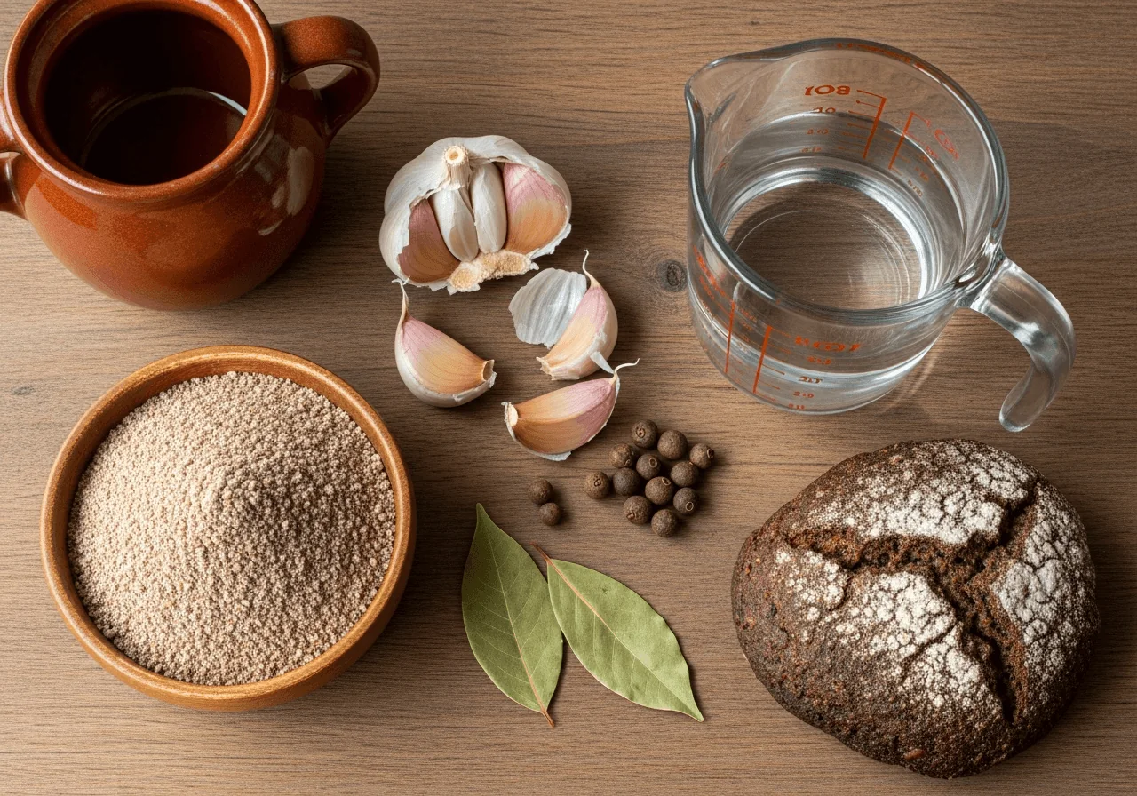 A flat arrangement of Żurek zakwas starter ingredients: a small wooden bowl of coarse whole grain rye flour showing its dark speckled texture, a glass measuring jug of cooled boiled water, three lightly crushed garlic cloves with papery skin partially torn, two glossy dried bay leaves, a small cluster of round brown allspice berries, and an optional dark crust of rye bread with its rough, almost black surface, all grouped closely together to suggest a slow fermentation ritual.