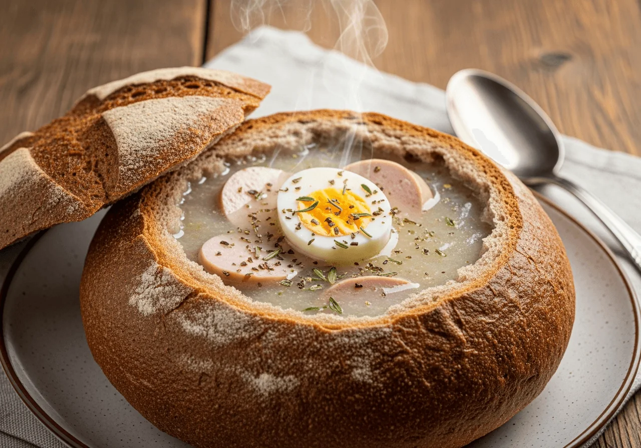 A finished bowl of Żurek served in the traditional Polish style inside a hollowed-out round crusty rye bread loaf acting as an edible vessel — its thick, opaque, pale greyish-beige fermented rye soup visible inside the bread bowl — loaded with rounds of sliced smoked kielbasa with caramelized cut faces, a halved hard-boiled egg, soft cooked potato pieces, and a visible swirl of grated horseradish on top, with the torn inner bread walls soaked slightly by the sour, aromatic broth.