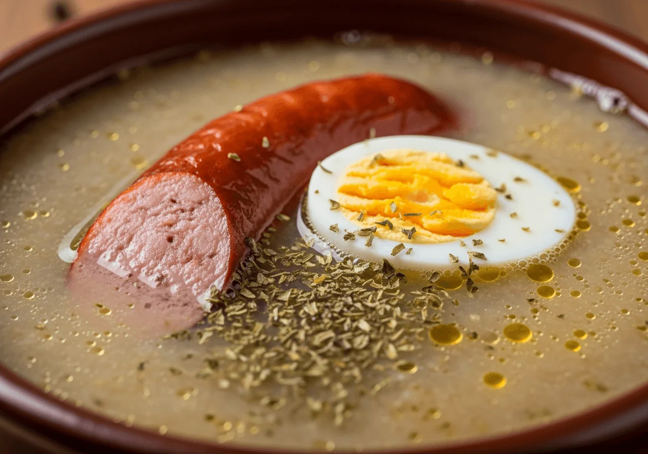 An extreme close-up of the surface of Żurek soup inside the bowl, revealing its cloudy, lightly viscous, pale beige fermented rye liquid with a faint frothy rim, a glistening slice of smoked kielbasa showing its coarse-ground pork interior and charred skin edge, a cross-section of hard-boiled egg with a firm chalky yolk resting against the opaque soup, and dried green marjoram flakes floating on the slightly oily, tangy-smelling broth surface.
