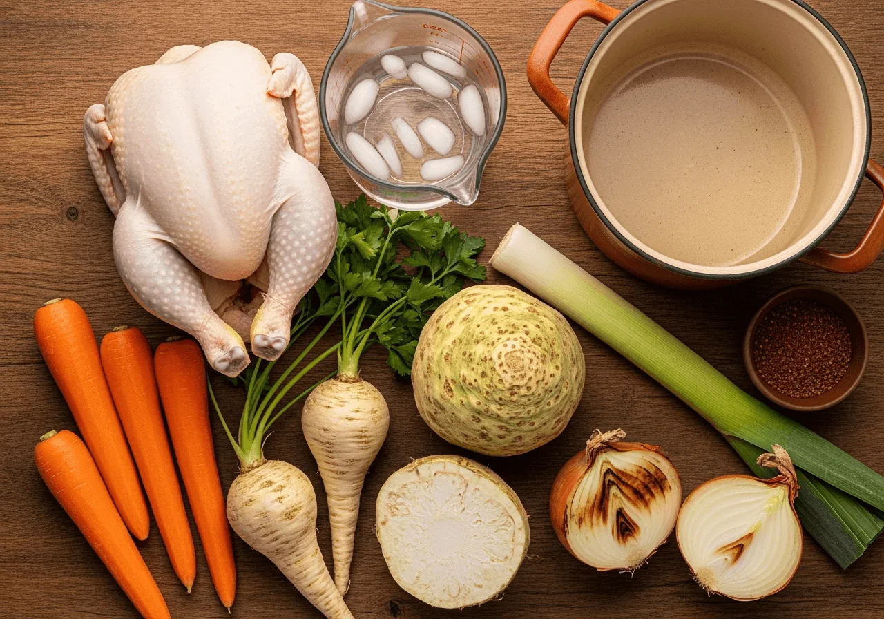A flat-lay overhead arrangement of raw rosół ingredients: one whole pale raw chicken surrounded by three bright orange peeled carrots, two ivory parsley roots, a halved pale knobby celeriac showing its cream interior, a leek split lengthwise revealing its layered pale green and white stalk, and a halved onion still in its papery golden-brown skin with its caramelized cut face visible, alongside a large stockpot and a measuring jug of cold water.
