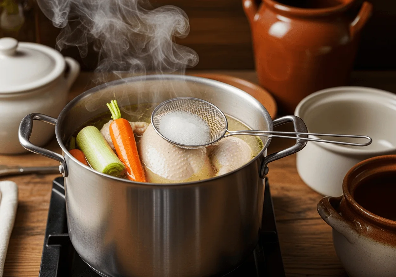 A tall stainless stockpot on a burner holds a gently simmering, pale-gold broth with a whole chicken partially submerged, cooked carrot spears and a halved leek floating alongside, a fine mesh skimmer resting on the pot rim holding pale grey foam just skimmed from the surface, thin wisps of steam curling upward from the barely trembling liquid.