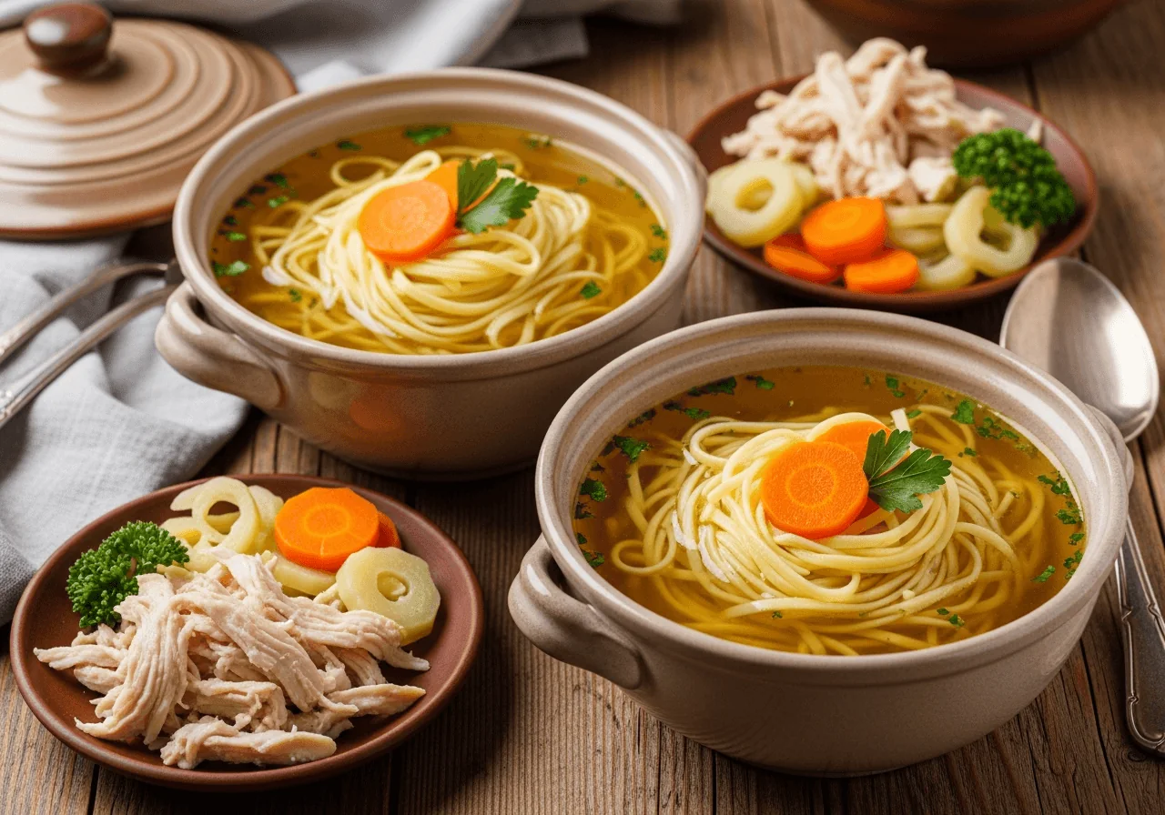 Two ceramic soup bowls of rosół served in the traditional Polish manner — brilliantly clear golden broth ladled over a nest of thin egg noodles, each bowl garnished with two or three sliced coins of soft golden cooked carrot and a pinch of chopped fresh parsley, with a small side dish of shredded poached chicken meat and additional cooked vegetables arranged nearby, the broth's translucent amber color glowing warmly.