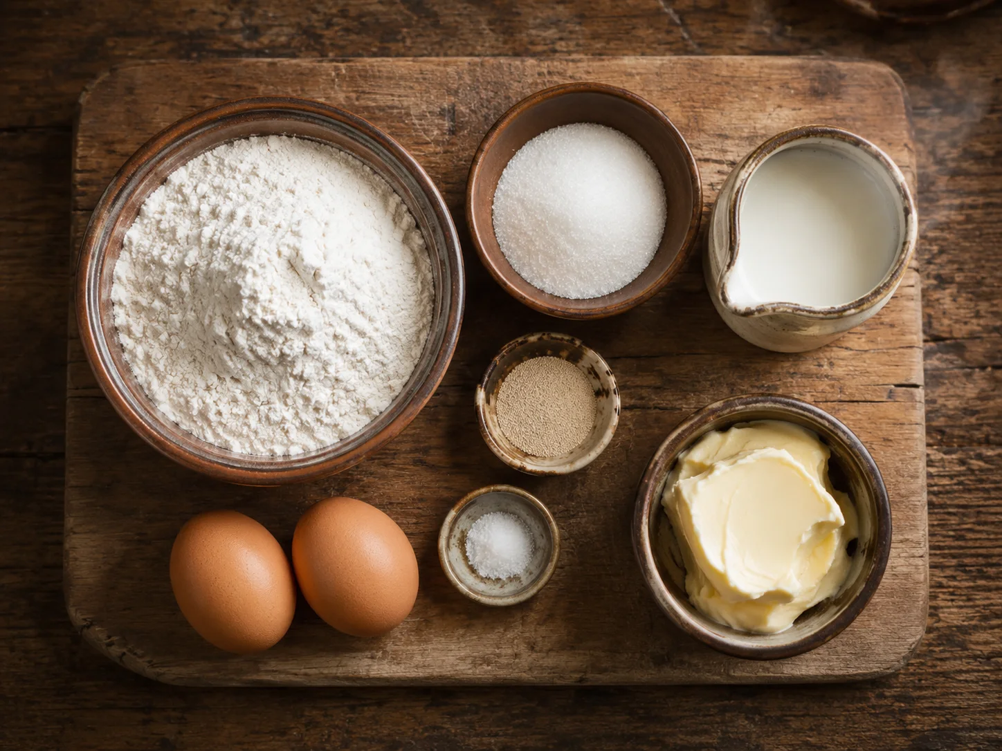 A neat top-down flat lay of sufganiyot ingredients arranged in small rustic bowls and vessels: a mound of white all-purpose flour in a wide bowl, granulated sugar in a small dish, a tiny ramekin of active dry yeast, a pinch bowl of fine salt, a small pitcher of warm whole milk with a faint steam wisp, two whole eggs resting beside their bowl, and a small crock of softened unsalted butter showing slight creamy texture at the edges, all spaced evenly across the frame.