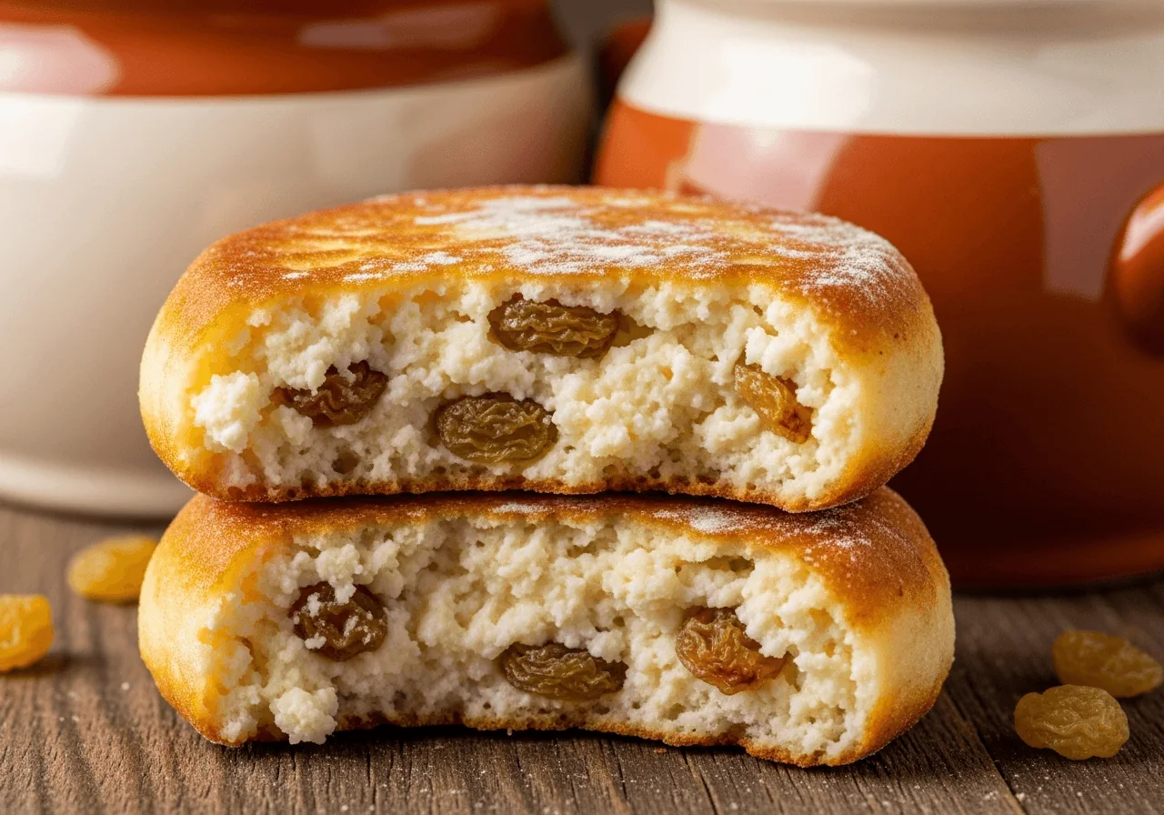 Extreme close-up of a single syrnyky patty broken in half to reveal its warm pale-yellow interior dotted with soft raisins, the torn edge showing a fluffy cottage-cheese crumb, while the outer surface displays a deep golden pan-fried crust lightly dusted with flour
