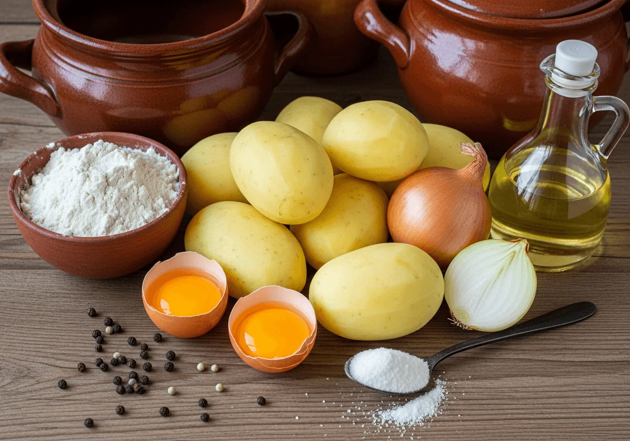 Whole peeled starchy potatoes and a single peeled onion arranged as the centerpiece, surrounded by two cracked eggs showing bright yolks, a small bowl of all-purpose flour, a pinch of coarse salt on a dark spoon, a scattering of black peppercorns, and a small bottle of pale golden sunflower oil, all grouped to convey a simple, rustic Eastern European home-kitchen preparation.