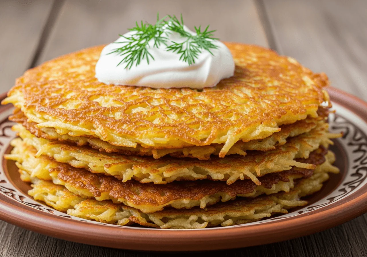 Round Ukrainian deruny potato pancakes with crispy lacy edges stacked on a rustic ceramic plate, topped with a dollop of sour cream and a sprig of fresh dill, served with clay bowls on a wooden table.