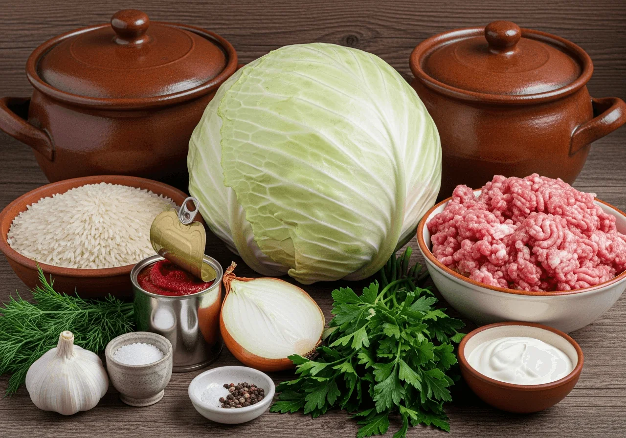 A rustic spread of raw ingredients for holubtsi arranged together: one enormous whole head of pale green-white round cabbage dominating the composition with its tightly layered leaves, surrounded by a bowl of raw minced pork-and-beef mixture, a pile of dry white long-grain rice, a cut onion showing its translucent layers, a small can of tomato paste, fresh dill and parsley bunches, a bulb of garlic, salt, black pepper, and a small bowl of sour cream, all ingredients visibly distinct and true to a Ukrainian home kitchen.