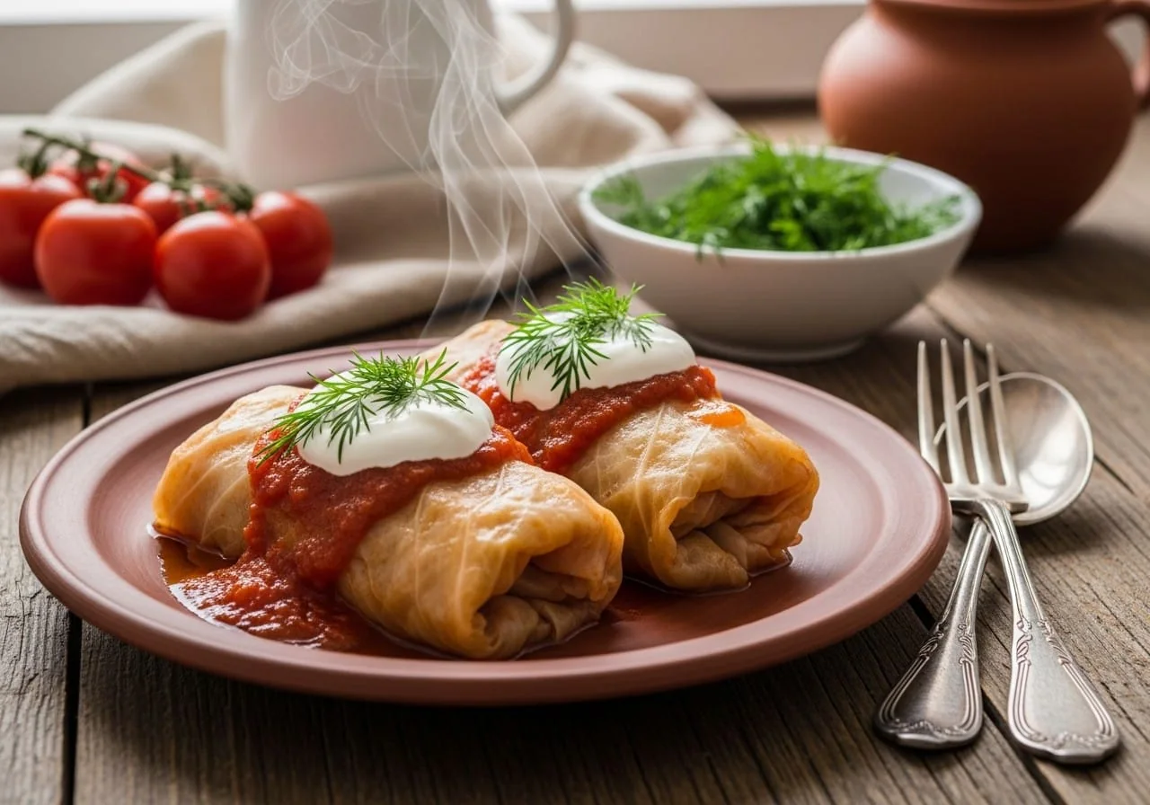 Two whole traditional Ukrainian holubtsi on a plate topped with sour cream and dill in tomato sauce, with a fork and spoon