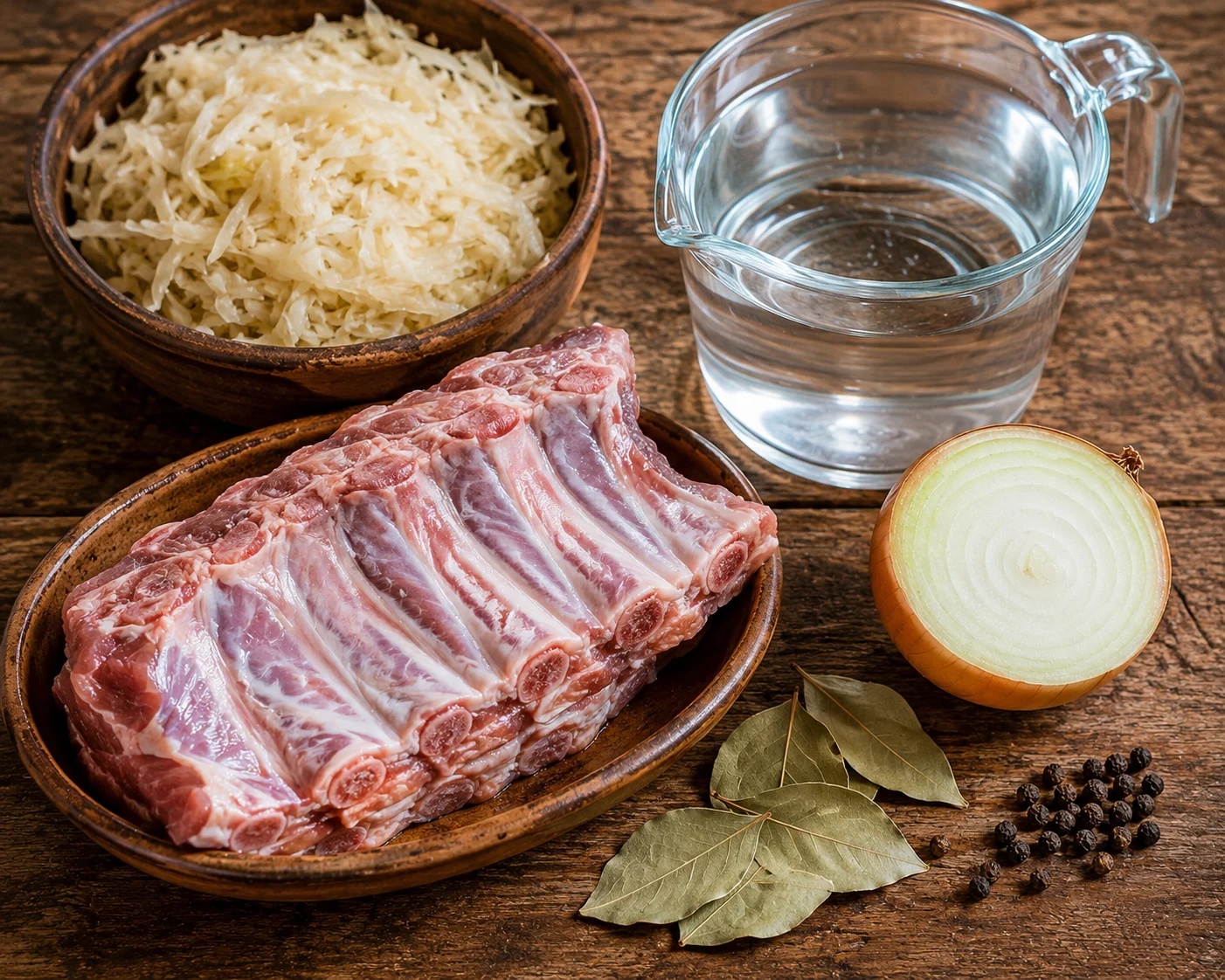 Flat-lay arrangement of raw kapusniak ingredients: a rack of meaty bone-in pork ribs glistening with fresh moisture, a halved yellow onion showing its concentric rings cut-side up, a small cluster of dried bay leaves, a scattering of whole black peppercorns, and a large measuring jug of clear cold water, all grouped together as distinct individual components.