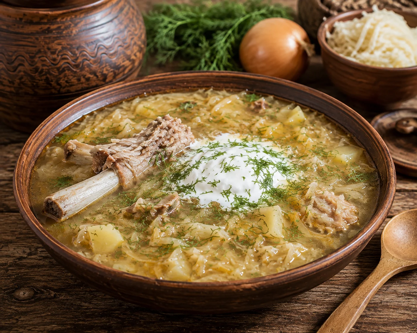 A wide rustic bowl of finished kapusniak served as a full portion — the murky pale-gold sauerkraut broth dense with softened cabbage strands and tender potato pieces, a large pork rib bone protruding from the surface with shredded meat clinging to it, a smooth white dome of sour cream at the center gradually dissolving into the hot soup, and a scattering of bright green fresh dill across the top.