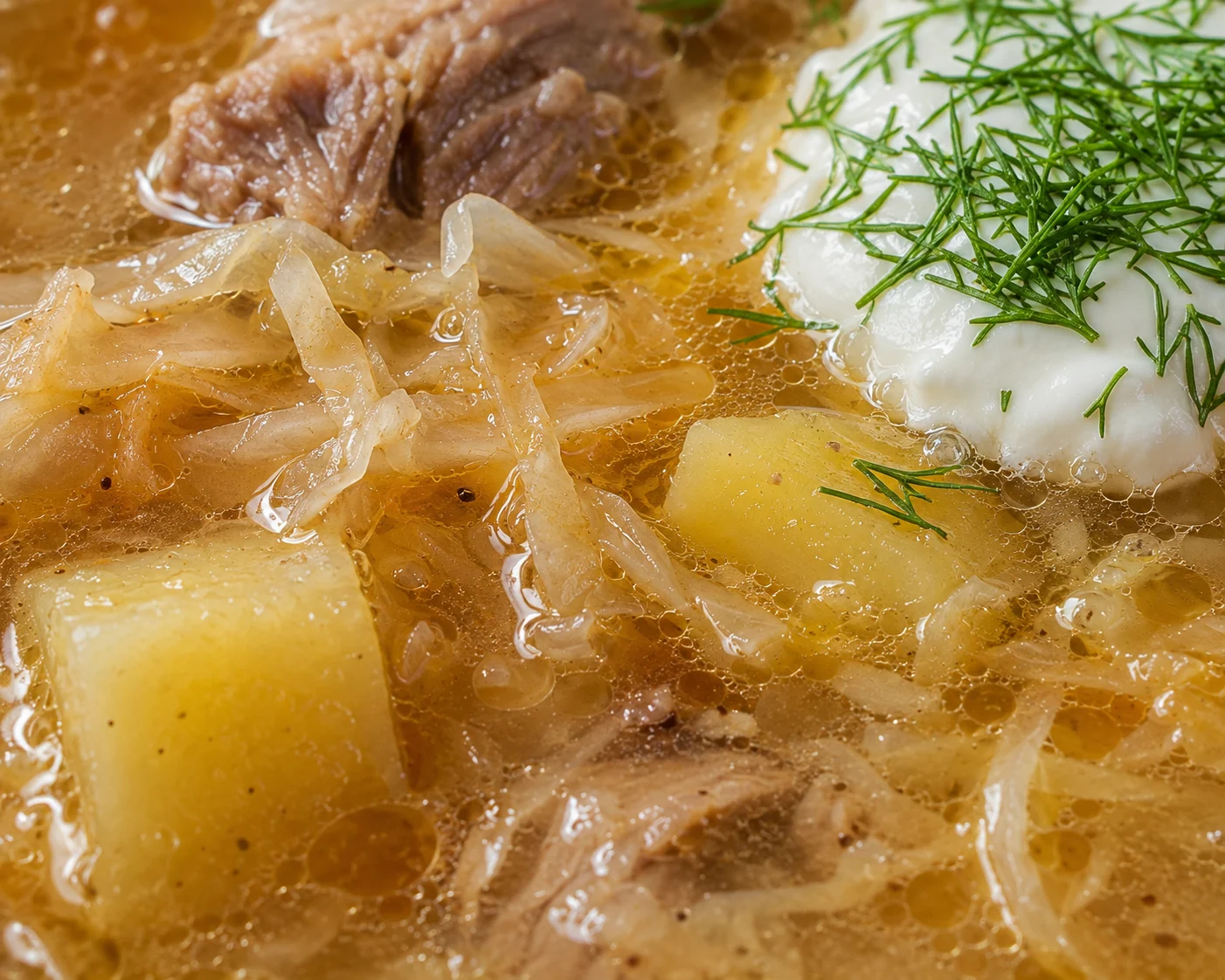 Extreme close-up of kapusniak's surface texture: tangled pale sauerkraut strands and yielding potato cubes suspended in a slightly cloudy amber broth, tiny droplets of golden pork fat shimmering on the liquid surface, a fragment of dark pork rib meat visible beneath, and a fringe of vivid green dill fronds resting at the edge of the sour cream dollop.