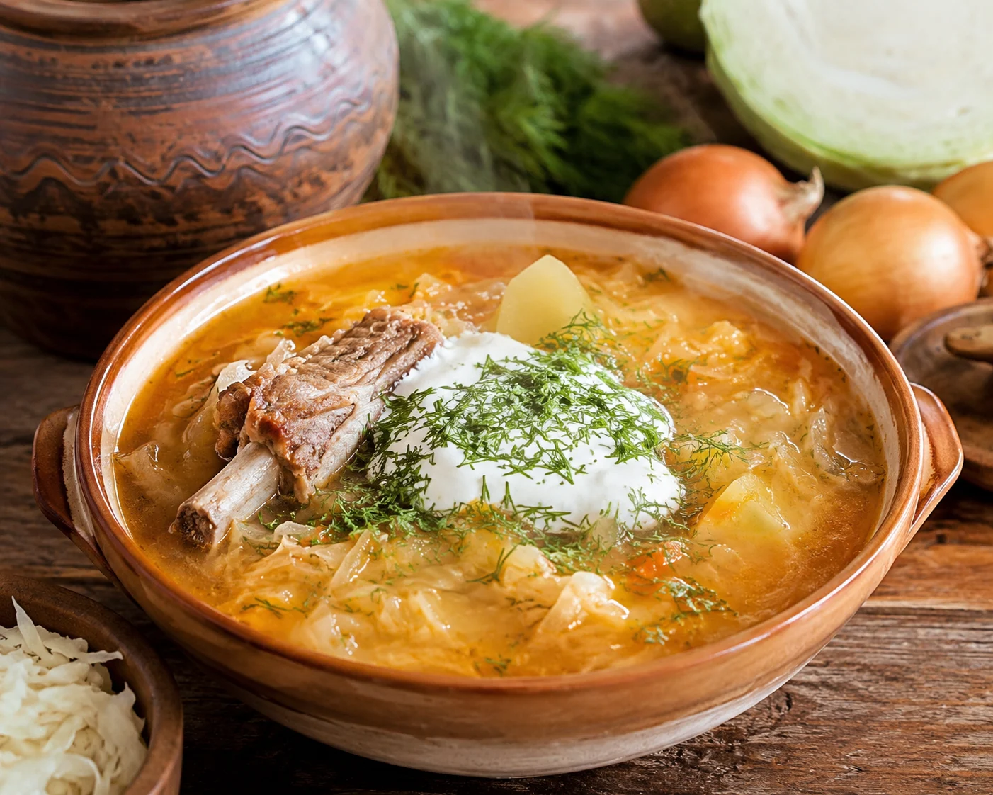 A deep ceramic bowl of traditional Ukrainian kapusniak — a thick, cloudy amber-golden sauerkraut soup, not red borscht, not a clear broth — filled with pale shredded sauerkraut strands, soft potato chunks, and a bone-in pork rib piece with meat falling away from the bone, crowned with a generous dollop of white sour cream melting at its edges and a generous shower of fresh chopped dill, steam rising from the surface.
