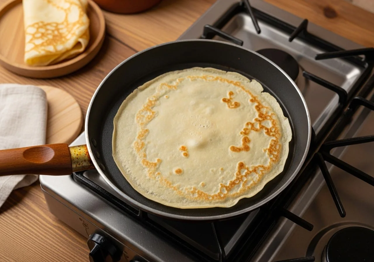 Thin Ukrainian crepe, mlyntsi, cooking in a skillet, the base for nalysnyky