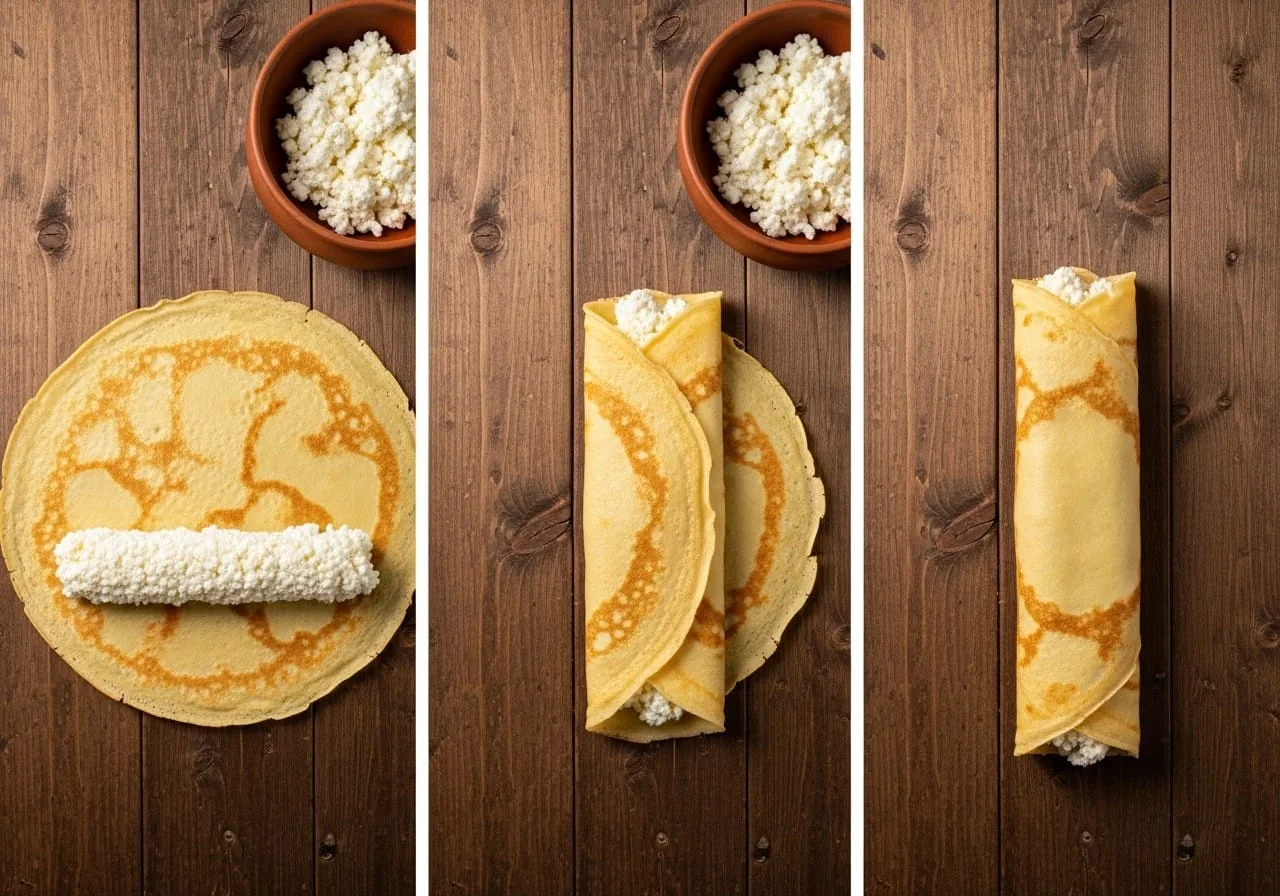 Ukrainian nalysnyky rolling technique shown step by step: crepe with cottage cheese filling, sides folded inward to seal the ends, then rolled into a closed tube