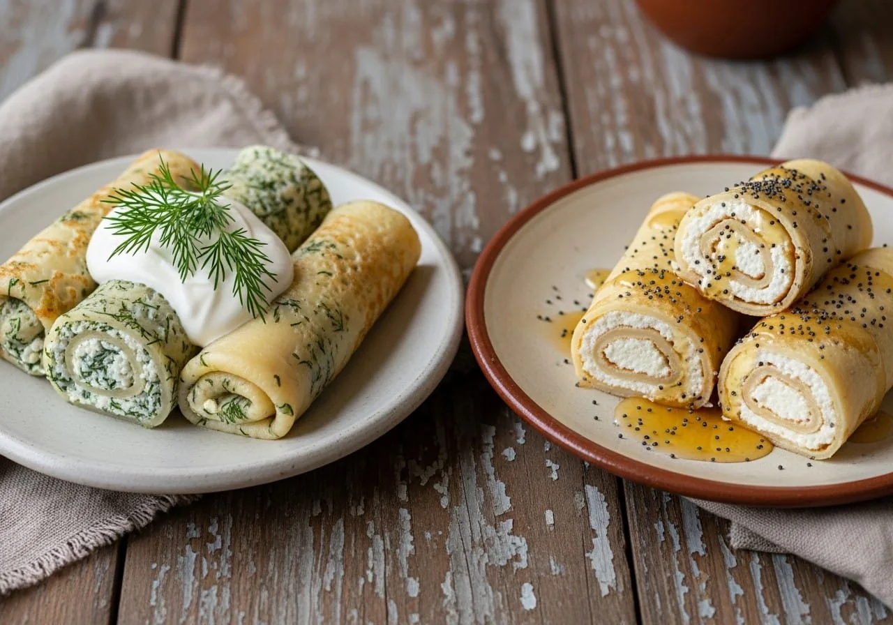 Sweet and savory Ukrainian nalysnyky served side by side, one plate with cottage cheese and dill, the other with sweet vanilla filling, honey, and poppy seeds