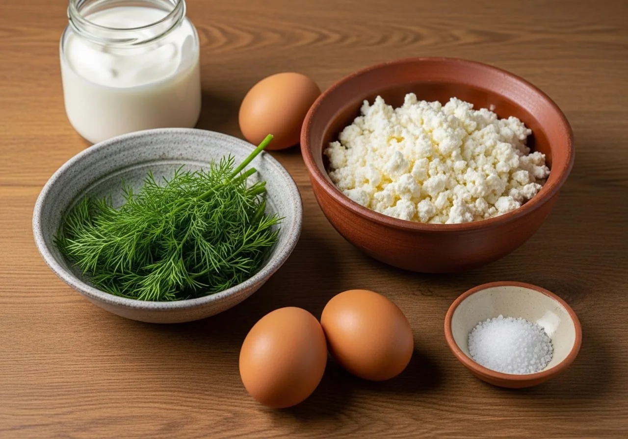 Cottage cheese filling ingredients for Ukrainian nalysnyky: farmer cheese, fresh dill, eggs, milk, and salt arranged on a rustic wooden table