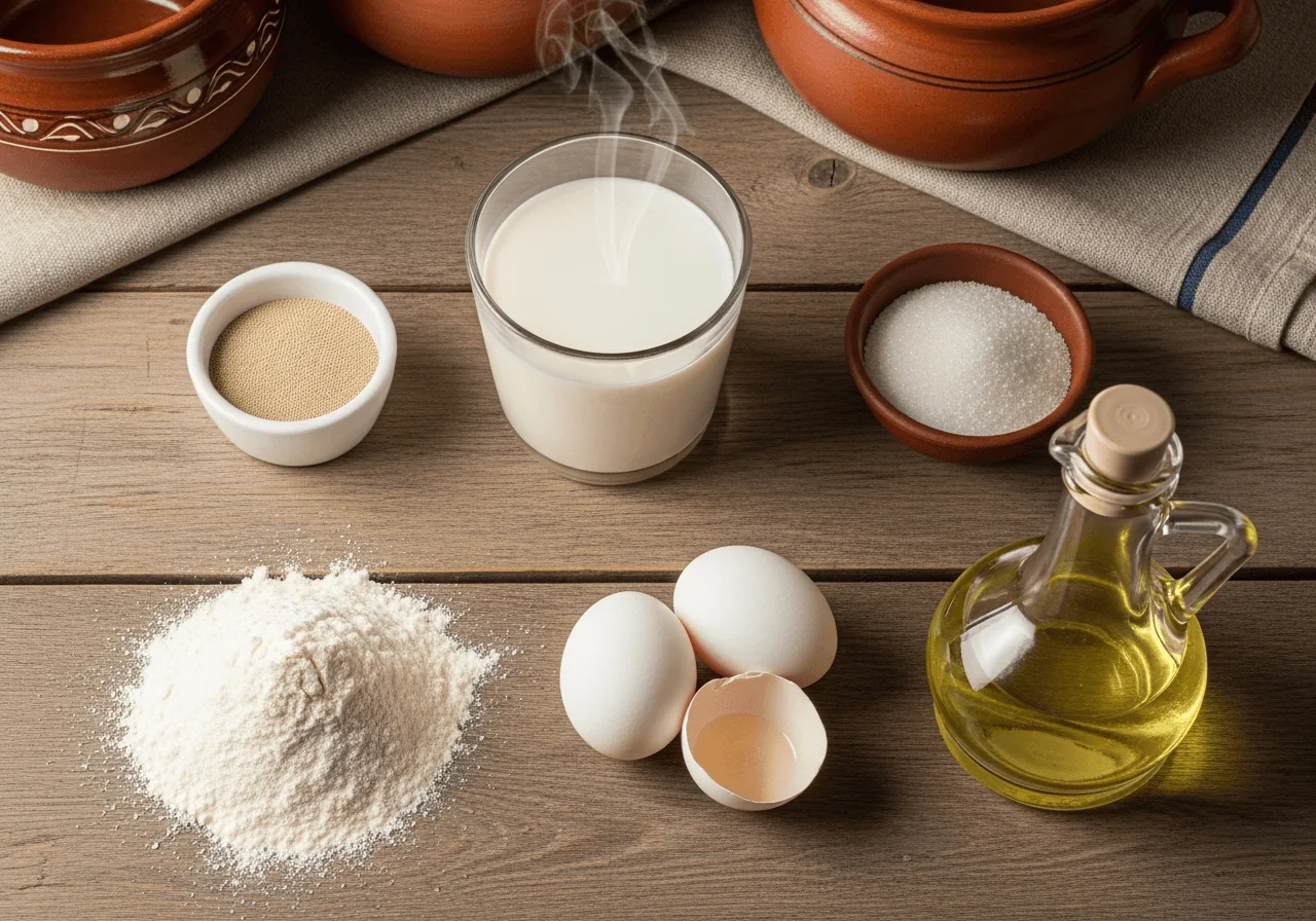 A flat arrangement of raw pampushky ingredients on a linen-free open surface: a small mound of sifted all-purpose flour dusted into a loose pile, a tiny ceramic bowl of active dry yeast granules, a glass of warm milk with a faint steam curl, a pinch-dish of fine sea salt, a small dish of granulated sugar, two whole eggs in their shells resting together, and a clear glass bottle of cold-pressed sunflower oil with its characteristic pale-gold color, all components spaced apart and identifiable.