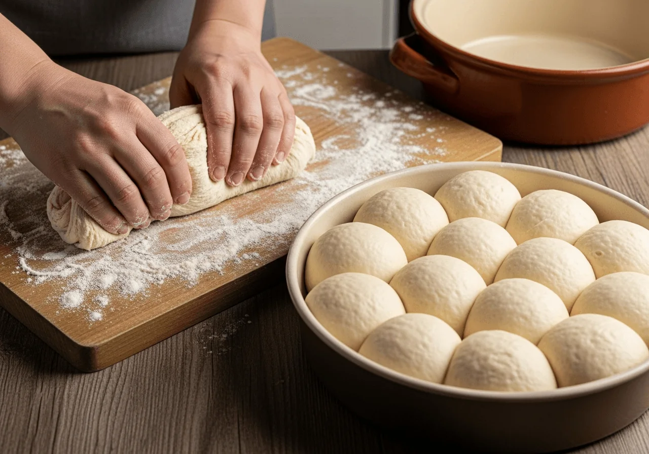 Hands pressing and folding a soft, slightly sticky yeast dough on a lightly floured wooden board, the dough pale cream and elastic, with twelve smooth round dough balls already portioned and arranged close together in a round greased baking pan beside the board, the raw rolls just touching each other, waiting to proof before baking.