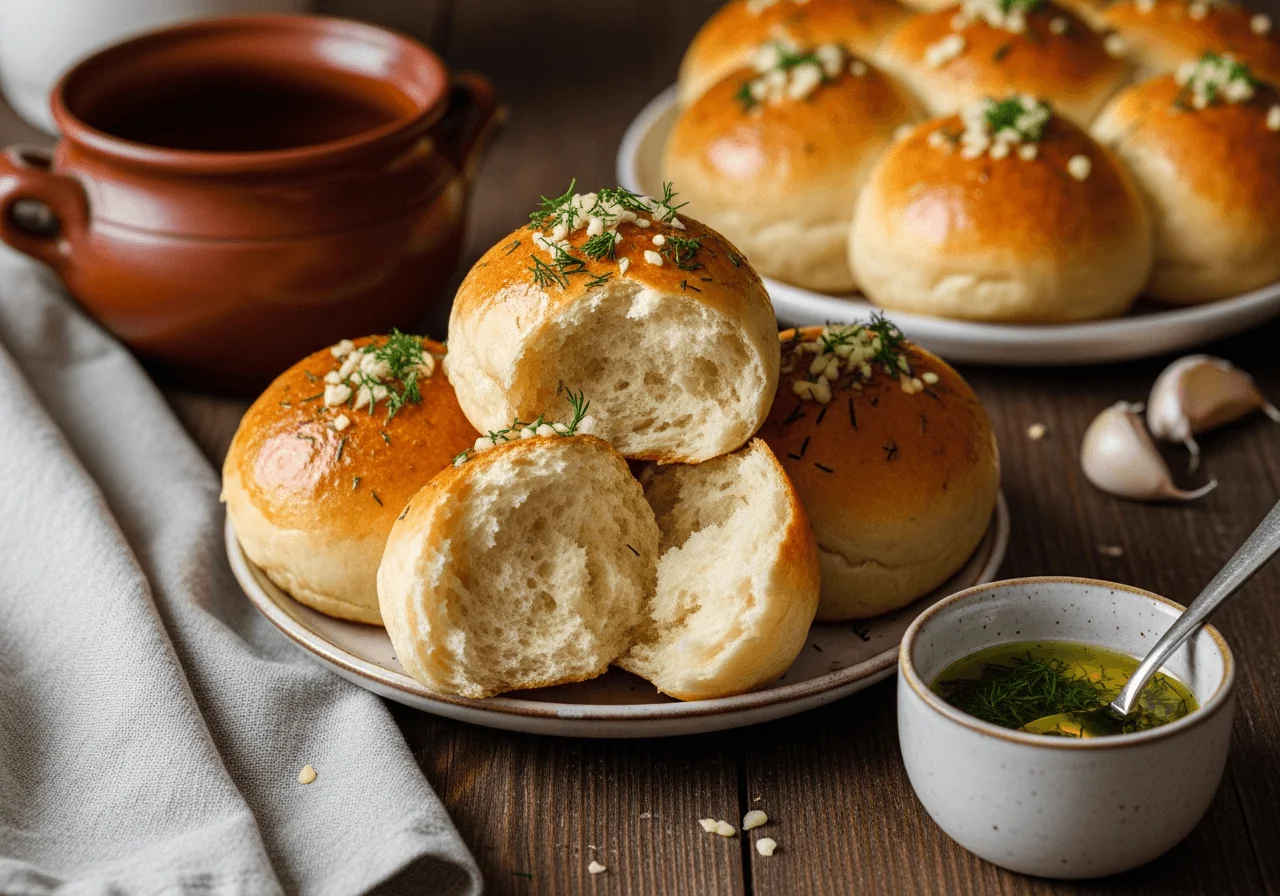 Three pampushky pulled apart from a freshly baked cluster and placed together on a small dish — each roll round, pillow-soft, and deeply golden on top with a pale tender crumb visible where one is torn open, the crumb light and airy with a fine open structure, the tops still glistening with sunflower oil, flecked with minced garlic and fresh dill, served alongside a small ceramic cup of extra garlic-herb oil for dipping.
