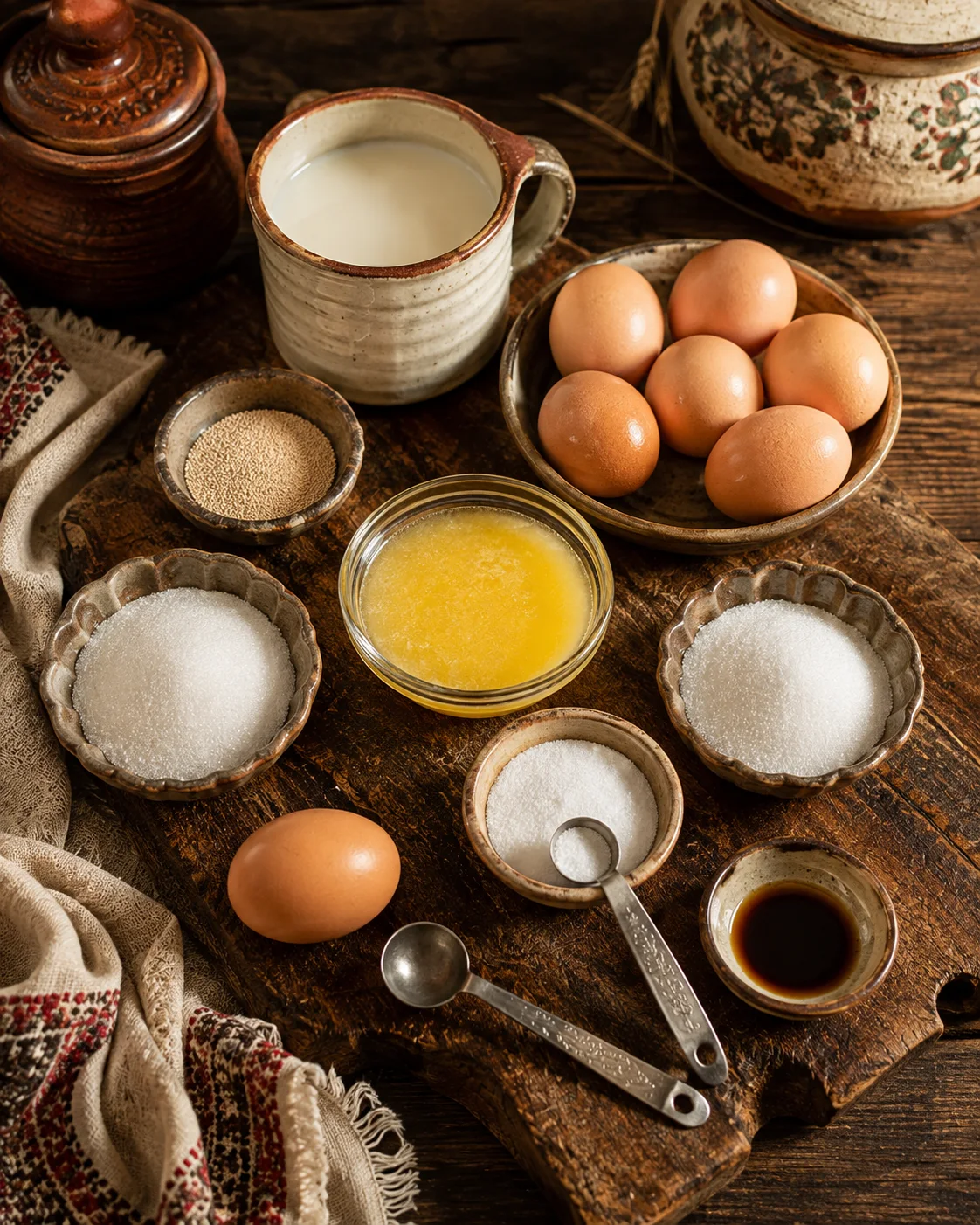An overhead flat-lay of all Traditional Ukrainian Paska ingredients grouped by type in small ceramic prep dishes and glass bowls — a ramekin of warm whole milk beside a tiny dish of active dry yeast granules, measured portions of granulated sugar in two separate dishes showing the divided amount, five room-temperature eggs nested together with a sixth set slightly apart for egg wash, a small bowl of cooled melted unsalted butter with a golden sheen, a ramekin of fine salt with a measuring spoon resting across it, and a small dish of vanilla extract — arranged with measuring spoons and a tablespoon laid flat between the groups.