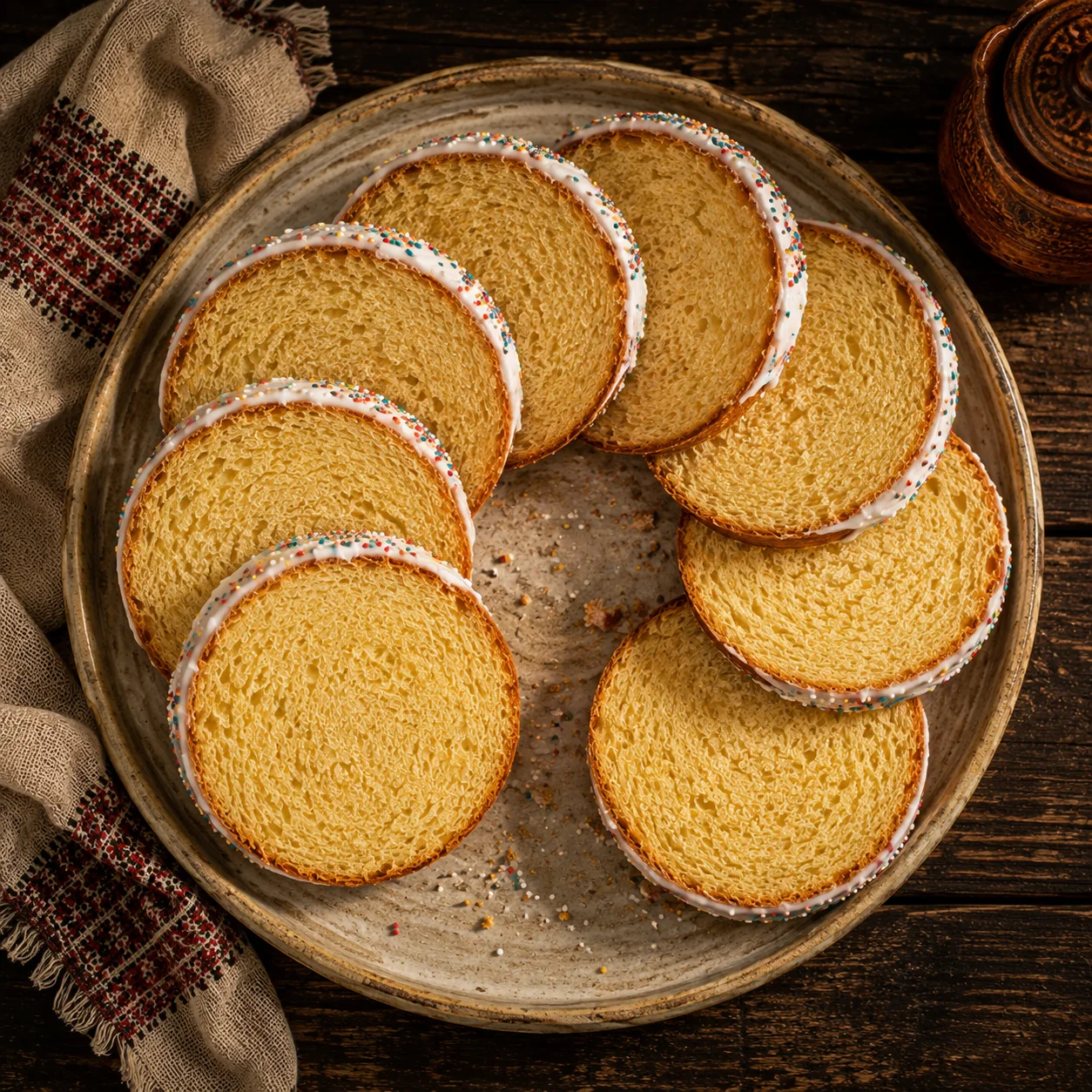An overhead view of eight round slices of traditional Ukrainian Paska fanned in a loose circle across an aged stoneware platter, each slice a full disc of pale golden, finely textured crumb ringed by a thin browned crust and edged with a band of set white icing and colored nonpareils, on a dark weathered wooden table beside embroidered linen.