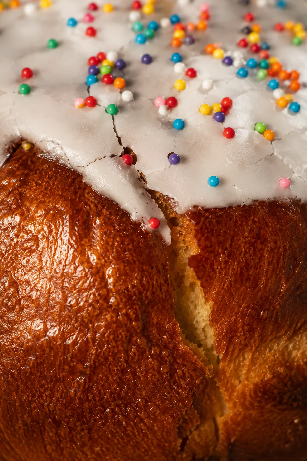 A macro close-up of the exterior crust of a traditional Ukrainian Paska, filling the frame with the contrast between the deep amber-brown baked surface and the bright white royal-icing glaze pooling and cracking slightly where it has set along the upper edge, the baked crust showing fine golden striations and a subtly glossy sheen from the egg wash, with the rough-textured icing catching tiny colorful nonpareils in the crevices, one small natural crack in the crust visible where the dough rose and split during baking.