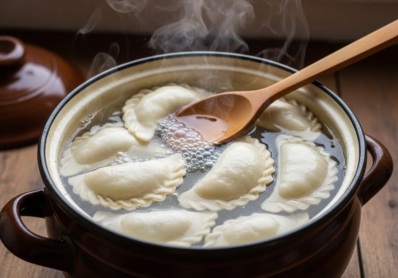 Traditional Ukrainian varenyky cooking in a pot of boiling water