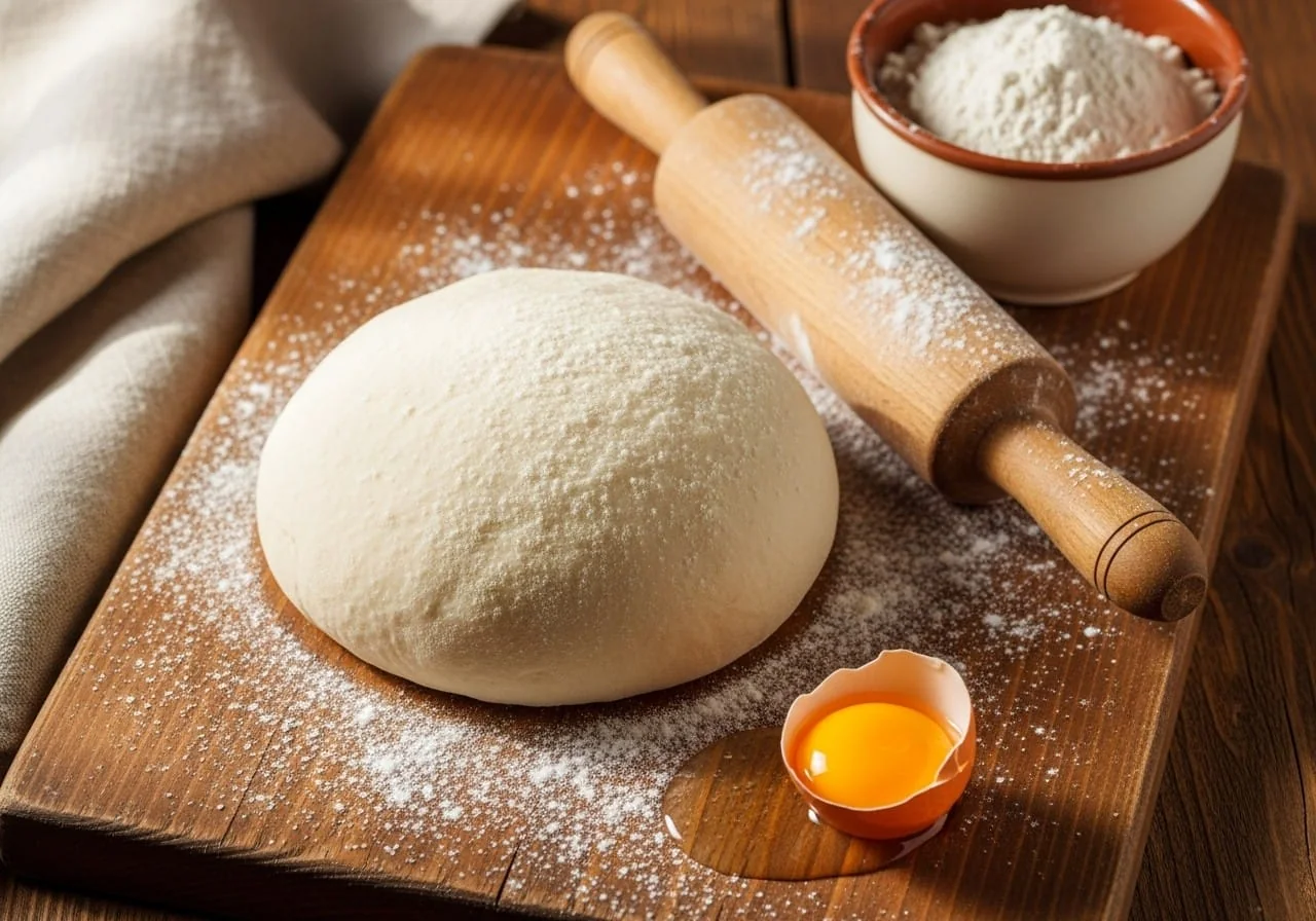 Ball of fresh varenyky dough with a rolling pin and flour on a wooden board