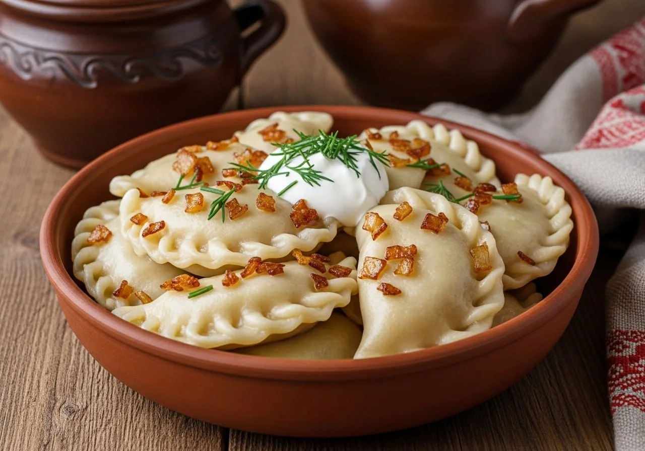 Bowl of savory potato varenyky topped with golden fried onion and sour cream