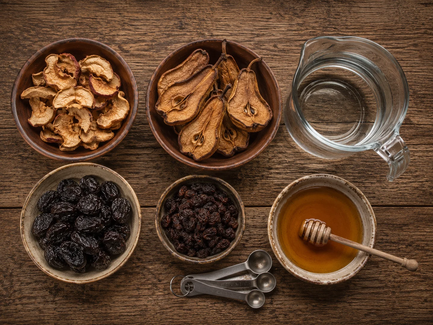 An overhead flat-lay of all uzvar ingredients grouped by type in small dishes with measuring spoons: a dish of wrinkled dried apple slices, a dish of dried pear halves, a dish of pitted prunes, a smaller dish of dark raisins, a shallow bowl holding a thick golden pool of honey with a honey spoon resting across it, and a glass measuring jug filled with water, every portion true to the recipe's 100g, 100g, 100g, 50g, and 80g quantities.