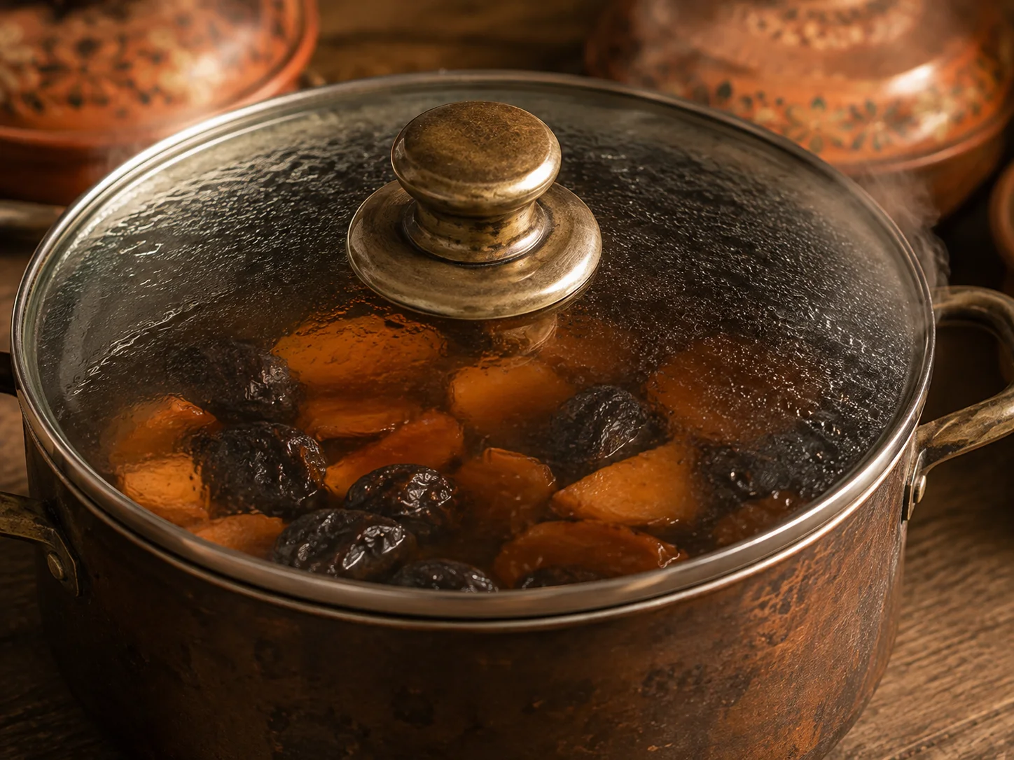 A close-up of a large heavy-bottomed pot with its lid set firmly in place, steam just barely visible at the rim's edge, the lid's underside showing faint condensation, and through the slightly fogged glass lid the deep amber liquid and dark silhouettes of softened prunes and pear pieces are faintly visible mid-steep, the pot sitting undisturbed as the fruit's flavor slowly colors the water over four hours.