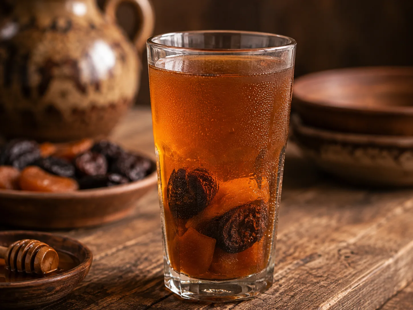 An eye-level single-serving shot of cold uzvar poured into a tall clear glass, the deep amber compote liquid slightly backlit so its translucent color glows, two or three softened prune and pear pieces resting at the bottom of the glass, a thin glistening bead of condensation on the outside of the glass indicating it has been chilled, shallow depth of field softening the background while the glass rim stays crisp and sharp.