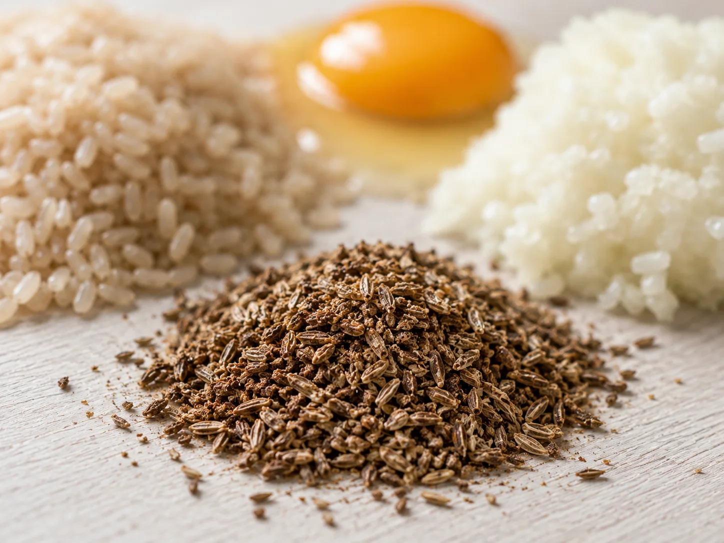 A macro close-up centres on a small heap of lightly toasted, coarsely crushed caraway seeds in sharp focus — their ridged, curved surfaces catching the light — while the softly blurred background resolves into the surrounding filling ingredients: a mound of raw brown rice, a pile of finely grated onion, and a single cracked egg, all slightly out of focus.