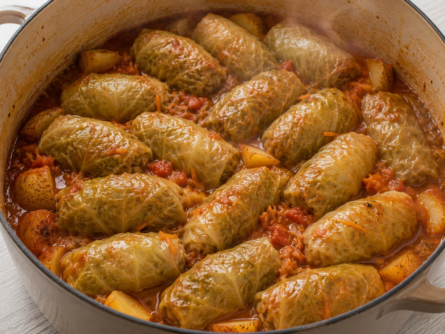 Inside a heavy covered pot, twelve to sixteen cabbage rolls are stacked seam-side down in even layers over chunks of skin-on potato and coarsely grated carrot, half-submerged in a deep rust-coloured tomato-and-stock braise that is barely simmering at the edges, thin wisps of gentle steam rising off the liquid surface in a close-up shot with no people present.