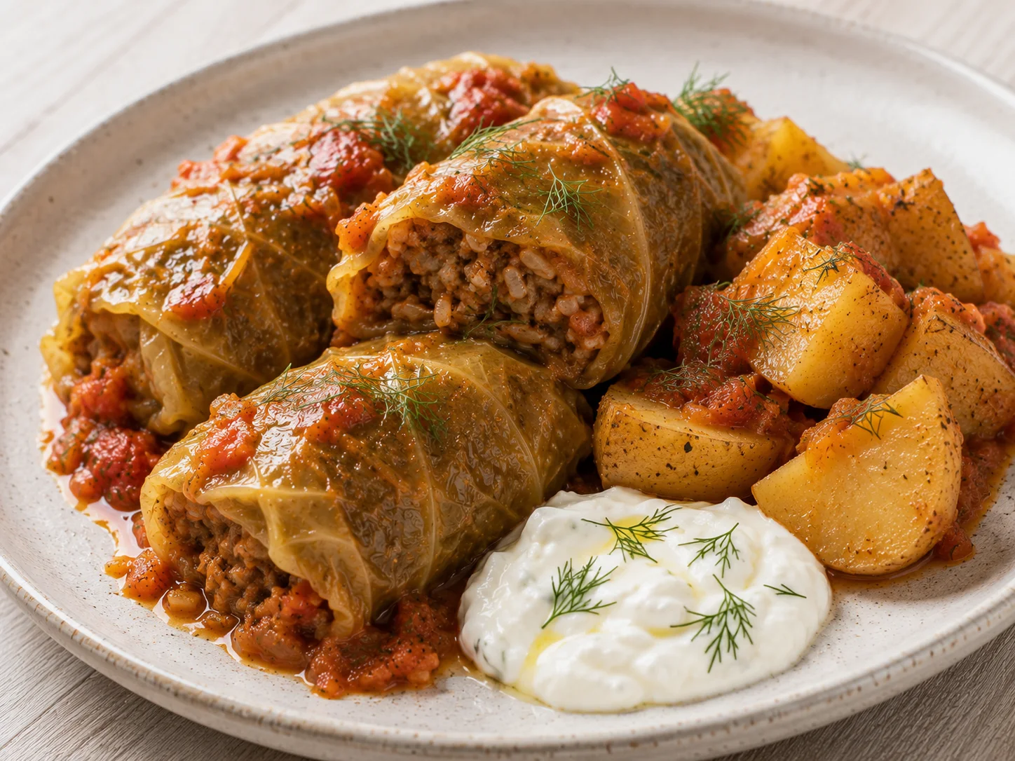 Two to three braised cabbage rolls rest beside a cluster of soft, skin-on potato chunks and a small spoonful of extra plain Greek yogurt dotted with fresh dill and a faint gleam of lemon juice, all captured at a three-quarter angle, the rolls' glistening outer leaves slightly parted where the brown rice and lean meat filling peeks through at one torn edge.